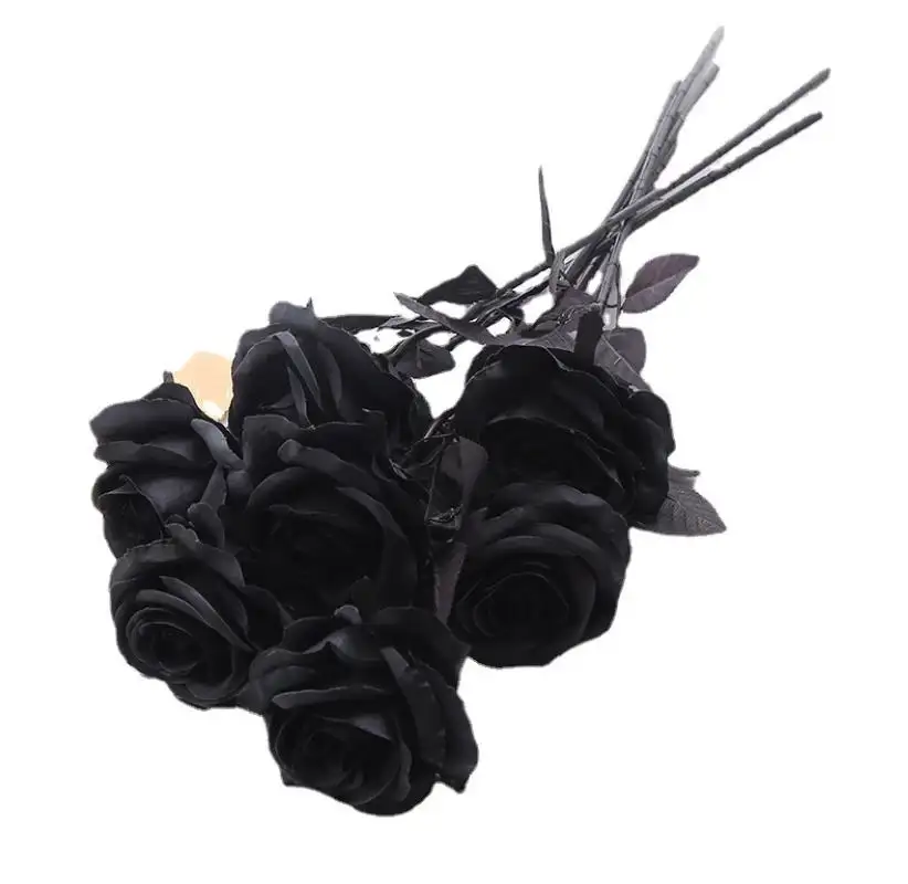 ブラックローズ造花リアルなシングルステムシルクローズブーケ結婚式のブーケパーティーテーブルセンターピース花瓶の装飾
