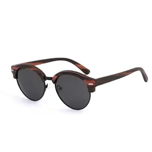 Classic hot sale brand round polarized wood veneer sunglasses women