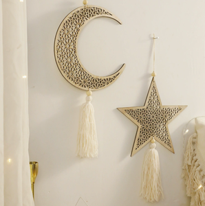 DAMAI Wholesale Eid Mubarak Decorations Wall <b>Hanging</b> Decoration <b>Star</b> Moon Hollow Wooden Ornaments with Tassel Pendant - Product Image 4