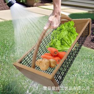 Wooden Storage Basket With Handle Rectangle Kitchen Fruit <b>Vegetable</b> Container <b>Standing</b> Type - Product Image 1