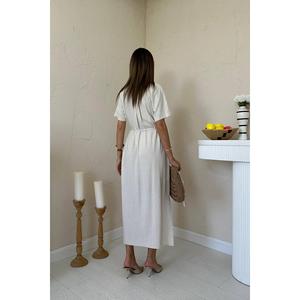 Vestido Sencillo de Lino Beige con Cuello Redondo, Corte Holgado, Cintura Natural, Tejido Transpirable, para Uso Diario Informal - Product Image 1