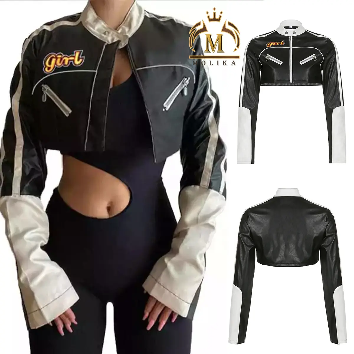 New Trendy Spring Fall Women Embroidery Long Sleeve Black Zipper Crop Top Jackets PU Leather Short Motorcycle Jacket For Women