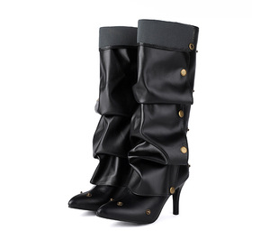 Botas de tacón súper alto con botón para mujer, diseño de tacón fino hasta la rodilla, estilo dos en uno, con diseño de apilamiento, botas puntiagudas para otoño e invierno. - Product Image 6