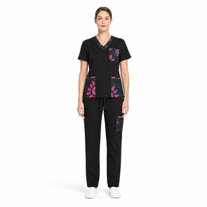 Ensemble de blouses médicales pour femmes à imprimé africain, haut à col en V et manches courtes avec poches à imprimé, <span class=keywords><strong>pantalon</strong></span> droit, <span class=keywords><strong>tenue</strong></span> de travail médicale - Product Image 2