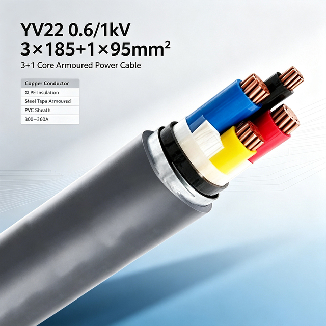 Copper Conductor Armoured Power Cable YJV22 0.6/1kV 3*185+1*95mm² XLPE PVC Sheath for Direct Burial Installation