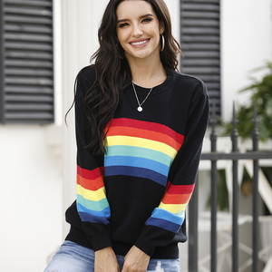 Custom Ladies Knitted Sweaters Long Sleeve <strong>Rainbow</strong> <strong>Tops</strong> Winter Stripe Patchwork Pullover Sweater for Women - Product Image 4
