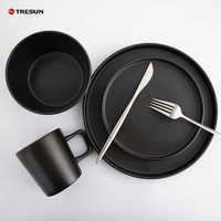 Ensemble de petit-déjeuner 16 pièces, assiettes de service noires mates, compatibles lave-vaisselle et micro-ondes, vaisselle en grès céramique pour restaurant