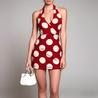 Robe de soirée décontractée moulante en mousseline respirante à pois rouges, col en V, sans manches, longueur genou, taille naturelle, pour femme