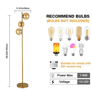 GANVA Lampe de sol d'intérieur en verre de fer 3 têtes 40w Max Led de couleur noire dorée style rétro - Product Image 4