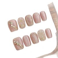 Ongles artificiels carrés extra courts en acrylique rose clair, faits main, de luxe, avec fleurs 3D en gel, à presser sur les doigts, haute qualité
