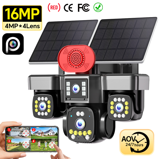 Bulk Order 16MP Wireless Solar CCTV Camera 4G 4-Lens 6 Motor AOV Long Standby Outdoor Home Business Security Monitoring Camera