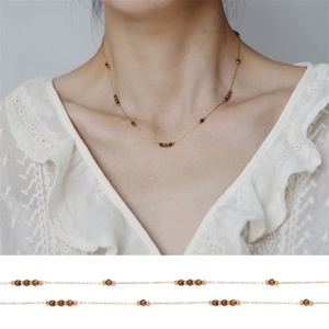 Personalized Women's Stainless Steel <b>Gold</b> Plated Beaded Chain Necklace and <b>Anklet</b> Set with Amber Glass Beads - Product Image 4