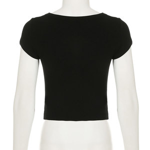 OEM personnalisé été sexe plaine noir basique T-Shirt à manches courtes décontracté mignon Tee Slim <span class=keywords><strong>Fit</strong></span> tricot côtelé col en V Crop Tops pour les femmes - Product Image 2
