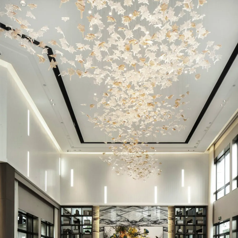 Modern Hotel Lobby Villa Decoration Pendant Light Custom Ribbon Leaf Large Project Led Glass Chandelier