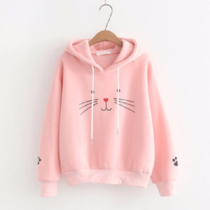 Cat Print Hooded Sweatshirt Women Long Sleeve Thick Warm Cartoon Knitted Pullover Female Student Style White - Product Image 3