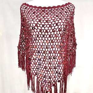 Poncho de plage pour femme en crochet à sequins kaki, style bohème, en maille transparente ajourée avec franges et pompons - Product Image 3