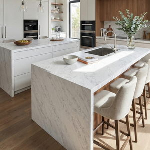 OEM Mitered Edge Waterfall Design Calacatta White Grey Vein Quartz Countertop for Luxury Hotel Kitchen Vanity <b>Top</b> Project - Product Image 1