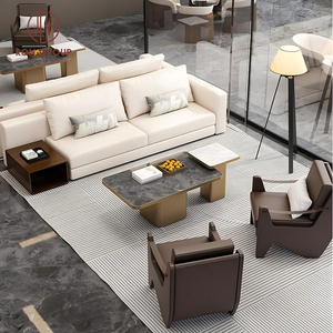 Ensemble de mobilier de restaurant moderne beige, canapé trois places avec deux fauteuils individuels marron foncé et table basse rectangulaire pour café - Product Image 4