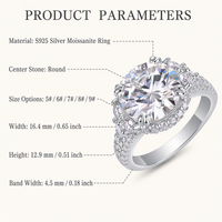 Bague en Moissanite en Argent Sterling 925, Pavé Rond Halo, Face 164mm, Bande 45mm, Bijoux de Mariage et Fiançailles, Cadeau pour Femme