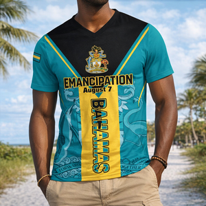 T-shirt <span class=keywords><strong>da</strong></span> uomo con scollo a V per il 7 agosto 2026, souvenir delle Bahamas, Giorno della Libertà, festa delle Bahamas, 53° anniversario dell'indipendenza, manica corta - Product Image 1
