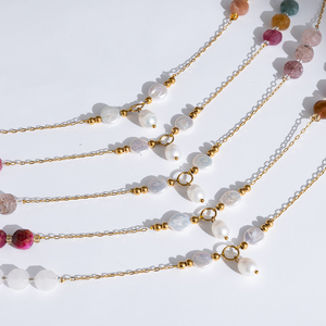 Collier en acier 316L plaqué or 18K PVD, étanche et inaltérable, avec pendentif double pièce, perle baroque et goutte d'eau, cadeau bouddhiste - Product Image 2