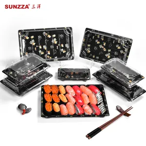Paquete Sunzza, gran oferta, plástico desechable personalizado PP/PET/PS, diseño popular, bandeja de sushi para llevar de gran tamaño para fiesta