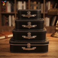Boîte cadeau en carton imitation cuir noir et valise rétro en papier avec poignée métallique, boîte de rangement décorative pour cadeaux