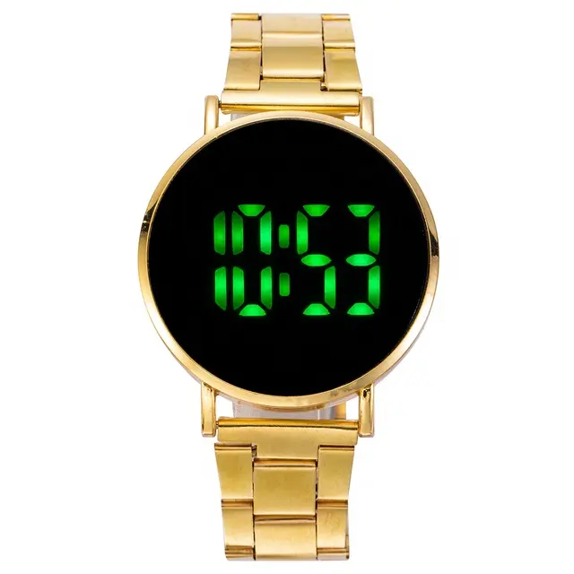 Luxury touch screen green led display steel strap watch gold round gold color novelty snap wrist band watch