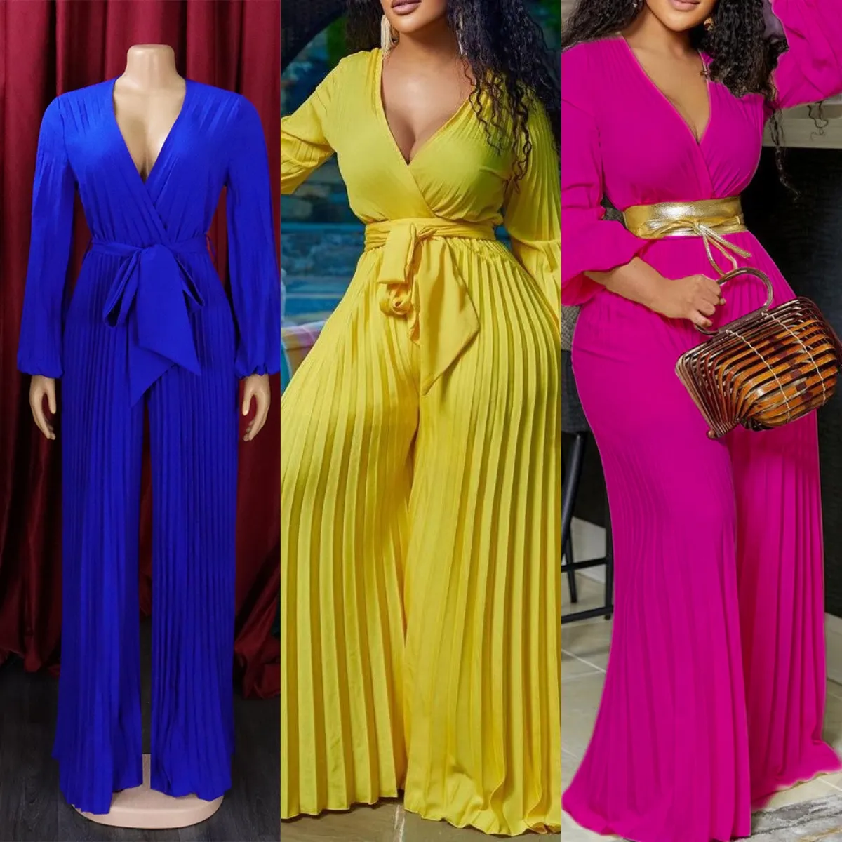C8468 New Design V Neck Solid Color Wide Leg Trouser Three Quarter Sleeve Pleated Casual Plus Size Women's Clothing Jumpsuit