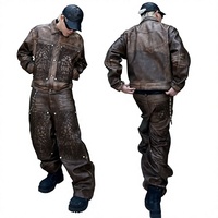 Ensemble streetwear homme en cuir gaufré, veste et pantalon longs, motif floral, coupe ample, pour l'hiver
