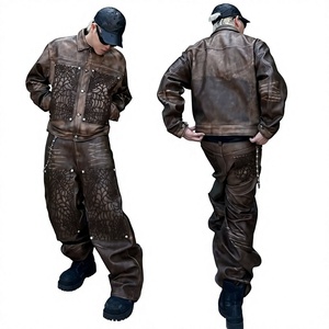Conjunto de Ropa Urbana de Cuero Repujado para Hombre, Chaqueta Larga y Pantalones con Estampado Floral, Corte Holgado, Ropa de Invierno - Product Image 5