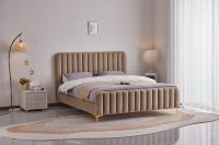 Lit double de luxe au design moderne, cadre de lit en velours avec tête de lit haute et pieds en métal doré