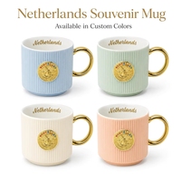 Mug à café en céramique souvenir des Pays-Bas, motif moulin à vent 3D avec insigne métallique doré, en porcelaine fine, personnalisable OEM ODM, vente en gros