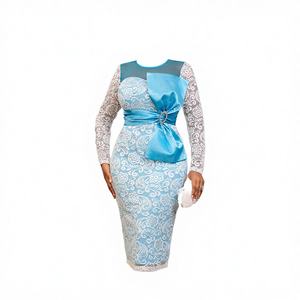 Robe de cocktail élégante en maille respirante et écologique, à manches longues, avec nœud papillon et dentelle 3D, coupe ajustée, collection automne AM040604 - Product Image 4