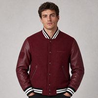 Blouson universitaire homme en cuir avec manches en cuir, fermeture à boutons-pression, bordure rayée, col côtelé, poches obliques, hiver, production OEM