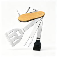 Ensemble d'outils de barbecue portables multifonctionnels 5 en 1 pour le camping en plein air, avec manche en bois et acier inoxydable détachable