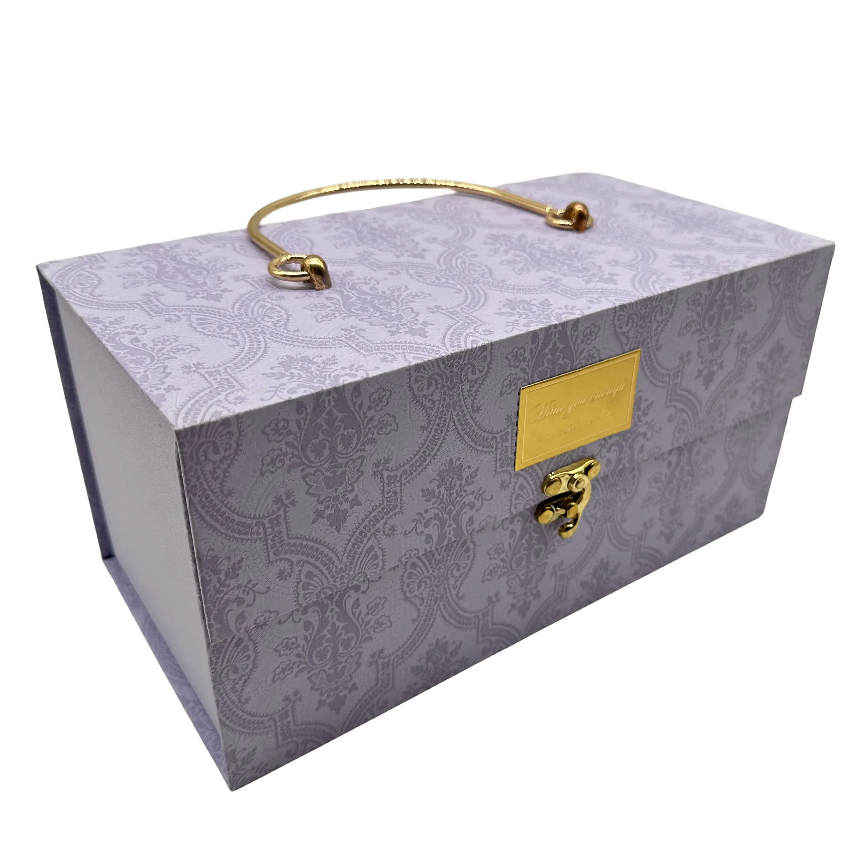 Caixa de presente magnética de luxo personalizada com alça de metal, caixa de papelão grande para embalagem de joias de papel, caixa de presente de casamento