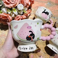 Mug en céramique mignon au design de dessin animé avec cuillère, 350 ml, boîte cadeau pour filles, enfants, anniversaire, petit-déjeuner, maison, bureau, cadeau