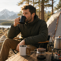 Mug à café et bière isotherme à double paroi en acier inoxydable 304 de 8 oz avec logo personnalisé et poignée en bois pour le camping et les voyages