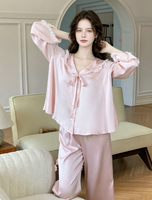 Pakaian Tidur Gaya Prancis Bahan Satin Poliester Tipis Model Kerajaan Manis Lucu Lengan Panjang Nyaman Dipakai untuk Tidur