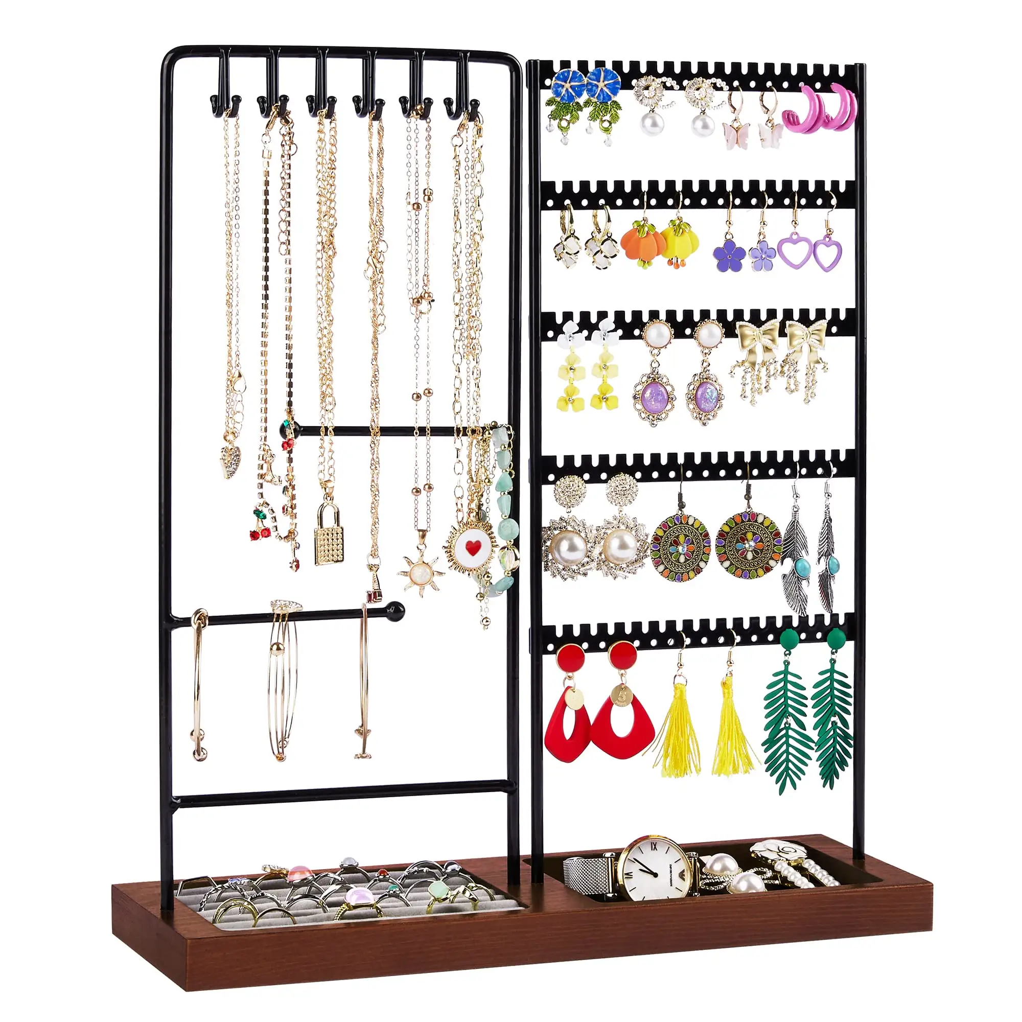 Luxury 12 Hooks Wire Plate Rack Metal Shelf Wooden Tray Necklace Display Stand Holder Jewelry Organizer