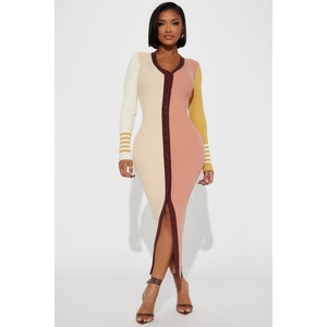 Vestido de Punto de Alta Calidad, Económico, Vintage, Minimalista, con Cuello en V, Diseño de Parches en Contraste de Color, Estilizador y Ajustado - Product Image 1