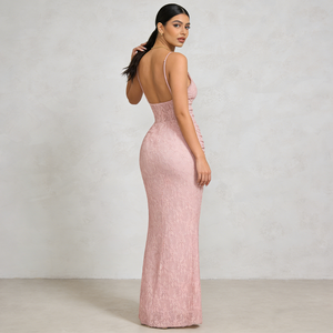 Robes pour femmes, rose clair, dentelle douce, bretelles spaghetti, col en V profond, plissée, sirène, élégante, formelle, <span class=keywords><strong>robe</strong></span> <span class=keywords><strong>de</strong></span> soirée pour invité <span class=keywords><strong>de</strong></span> <span class=keywords><strong>mariage</strong></span>, longues robes - Product Image 4