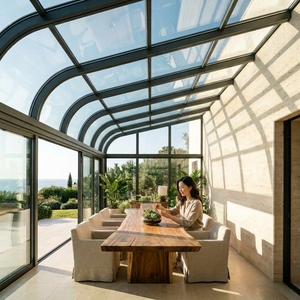 Porte pliante <span class=keywords><strong>moderne</strong></span> en alliage d'aluminium à arche courbe avec verre feuilleté pour véranda et <span class=keywords><strong>solarium</strong></span>, avec gouttière intégrée pour villa résidentielle et patio - Product Image 2