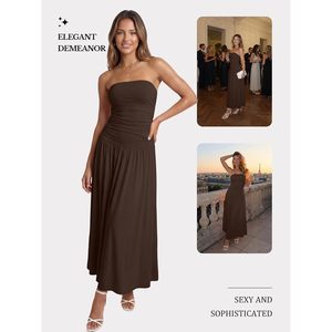 Vestido largo sin tirantes para mujer, vestido largo fruncido con corte en A, elegante, para invitadas de boda, vestido largo de verano, traje de playa para primavera - Product Image 4