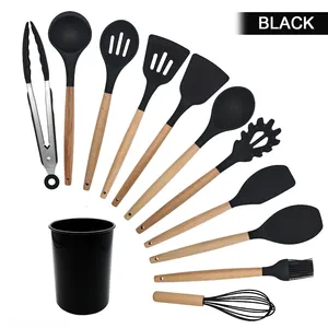 Gran oferta de 1100G, accesorios para el hogar y la cocina, 12 Uds., juego de utensilios de cocina de silicona de grado alimenticio con mango de madera