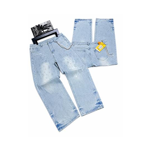 Achetez des jeans droits en denim extensible, respirants, bleu délavé, style hip-hop streetwear, coupe décontractée, mode estivale en solde - Product Image 3