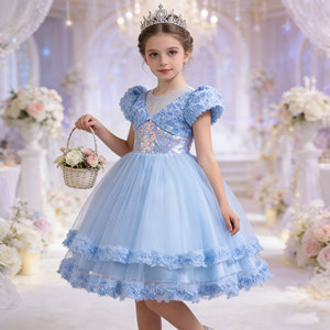 Girls' Pink <b>Sequined</b> Tulle Princess Dress V-Neck A-Line Flower Girl Costume Birthday Party Performance Wear Size 625 - Product Image 2