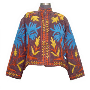 Veste matelassée en cotisse brodée de fleurs avec boutons, doublure rayée en coton, faite à la main, hiver automne, respirante, écologique, séchage rapide - Product Image 1