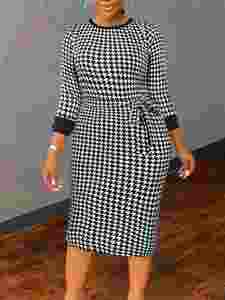 Abito Elegante da Ufficio da <span class=keywords><strong>Donna</strong></span> per Autunno e Inverno in Maglia Elasticizzata con Stampa Pied-de-Poule <span class=keywords><strong>Taglie</strong></span> <span class=keywords><strong>Forti</strong></span> - Product Image 2